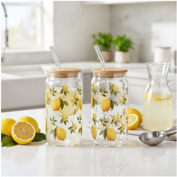 Levandeo® Glas, 2er Set Trinkglas 500ml Zitronen Strohhalm Bambusdeckel Trinkbecher