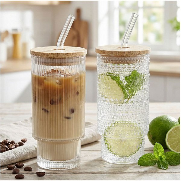 Levandeo® Glas, 2er Set Trinkglas Deckel Strohhalm 250ml Bambusdeckel Trinkbecher