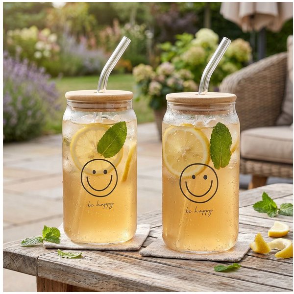 Levandeo® Glas, 2er Set Glas Deckel Strohhalm 500ml Be Happy Smiley Bambusholz
