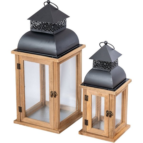 Levandeo® Kerzenlaterne, 2er Set Laterne Braun Holz Metall Kerzenhalter Windlicht Gartendeko