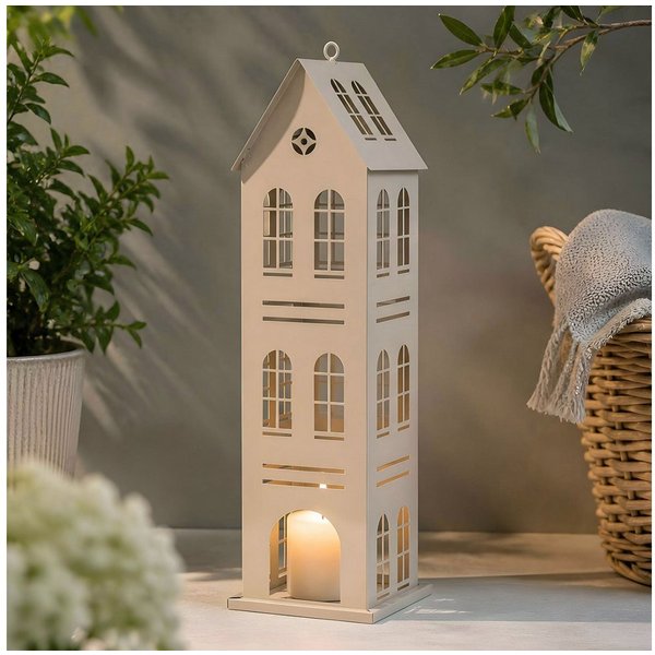 Levandeo® Kerzenlaterne Metall Laterne Haus Grau H49cm Dekohaus Windlicht Hausform Kerzenhalte