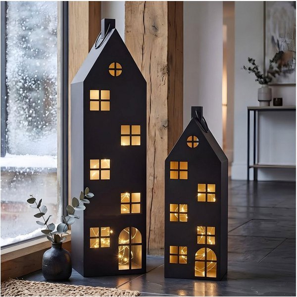 Levandeo® Kerzenlaterne (Set, 2er Set), 2er Set Laterne Haus 65cm & 95cm Metall Schwarz Deko Windlicht