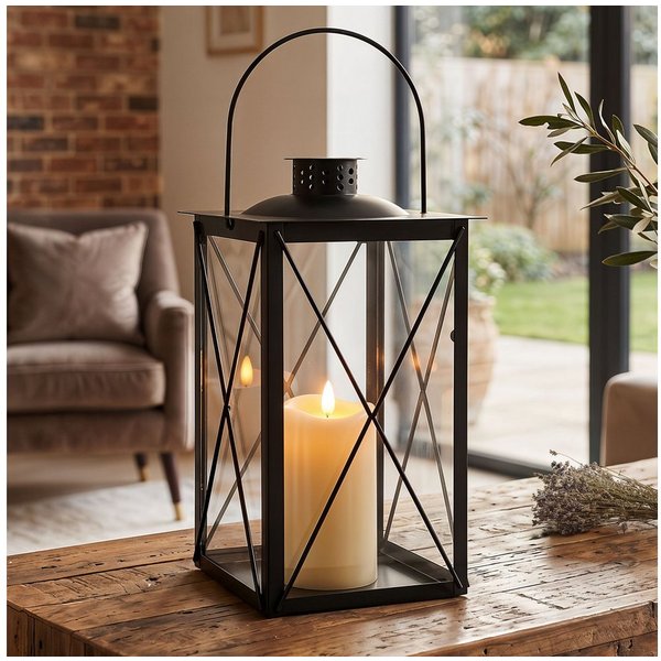 Levandeo® Kerzenlaterne, Deko Laterne Schwarz Metall Windlicht H30cm Glas Industrial