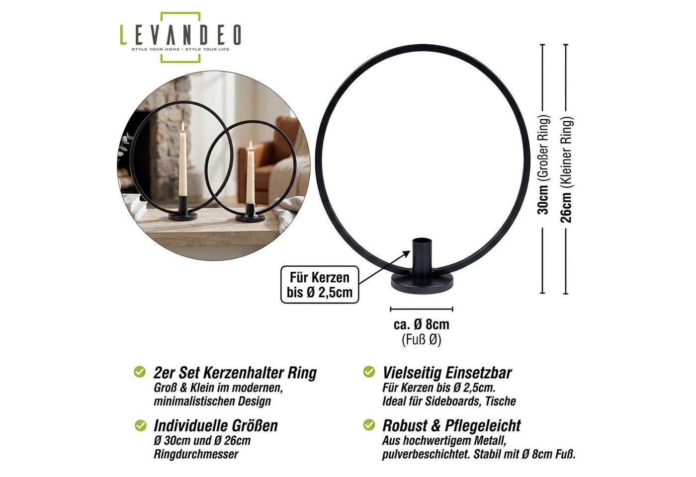 Levandeo® Kerzenständer 2er Set Kerzenhalter Ring Metall Stabkerzenhalter Tischdeko Kerzenstän (2 St) – Bild 3 von 5