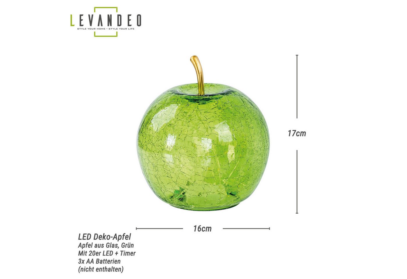 Levandeo® LED Dekolicht, LED Apfel H17cm Grün Glas Dekolampe Timer Tischlampe Stimmungslicht – Bild 2 von 5