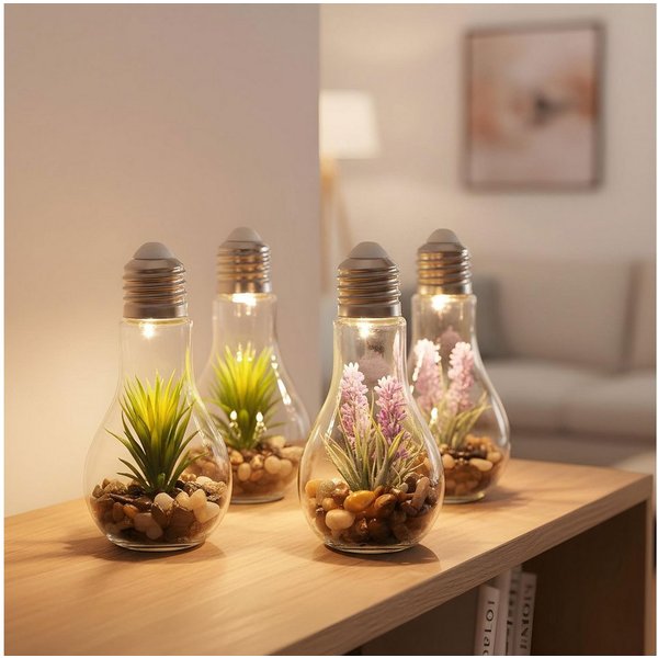 Levandeo® LED Dekoobjekt, 4er Set Sukkulenten Glühbirne Glas je B x H 8 x 19cm Deko LED Lampe