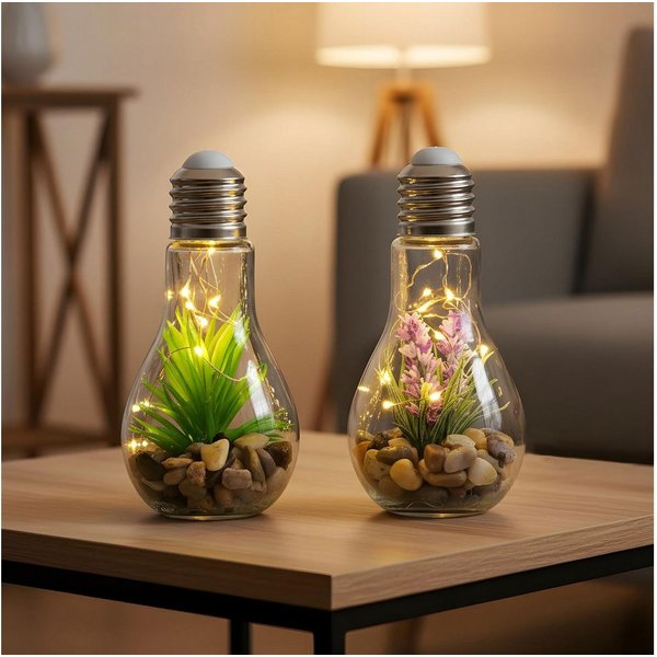 Levandeo® LED Dekoobjekt, 2er Set Sukkulenten Glühbirne Im Glas B x H: 8 x 19 cm LED Warmweiß