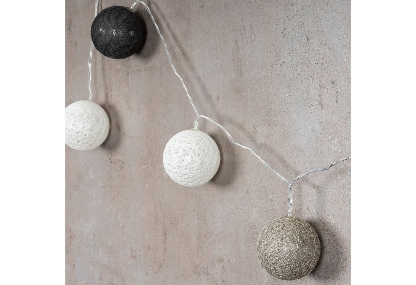 Levandeo® Lichterkette, 15er Lichterkette Ø4cm LED Kugeln Girlande Lampions Baumwolle Grau – Bild 4 von 5