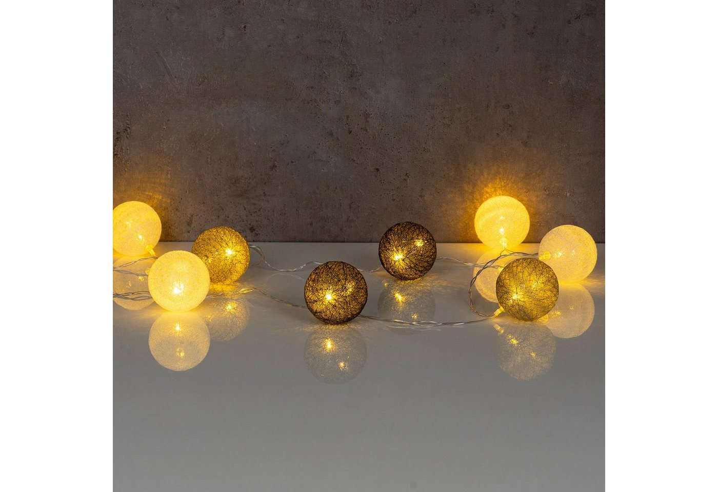 Levandeo® Lichterkette, 15er Lichterkette Ø4cm LED Kugeln Girlande Lampions Baumwolle Grau – Bild 5 von 5