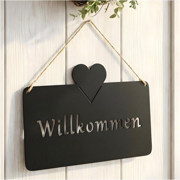 Levandeo® Metallbild, Türschild Willkommen Eisen Modernes Hängeschild Schwarz Matt 25x16cm