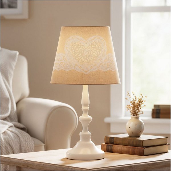 Levandeo® Nachttischlampe, Tischlampe Weiß 38cm hoch Shabby Metall Creme Beige Nachtlicht
