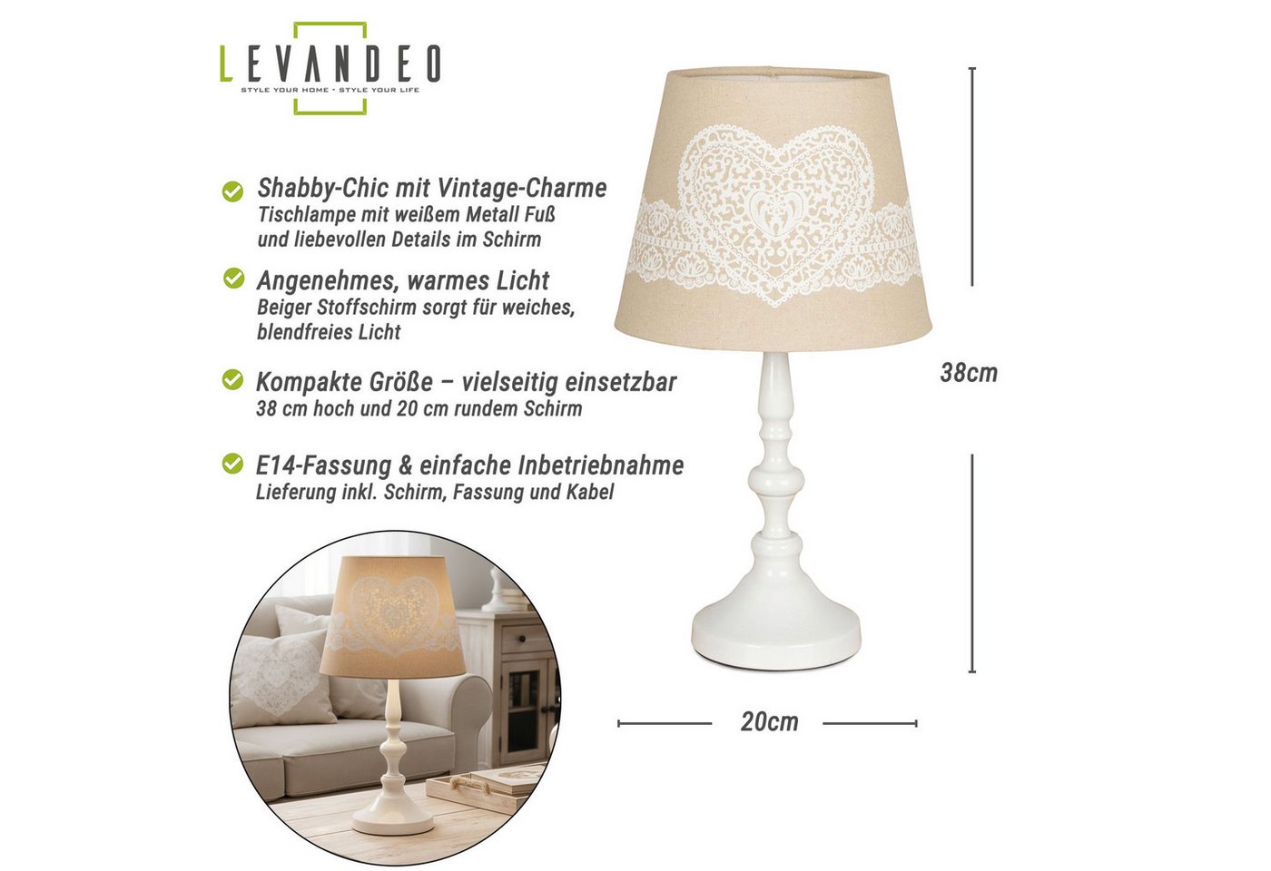 Levandeo® Nachttischlampe, Tischlampe Weiß 38cm hoch Shabby Metall Creme Beige Nachtlicht – Bild 2 von 5