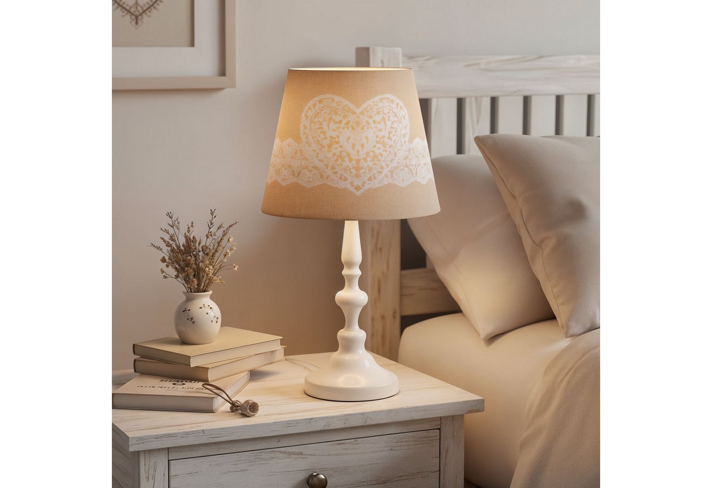 Levandeo® Nachttischlampe, Tischlampe Weiß 38cm hoch Shabby Metall Creme Beige Nachtlicht – Bild 3 von 5