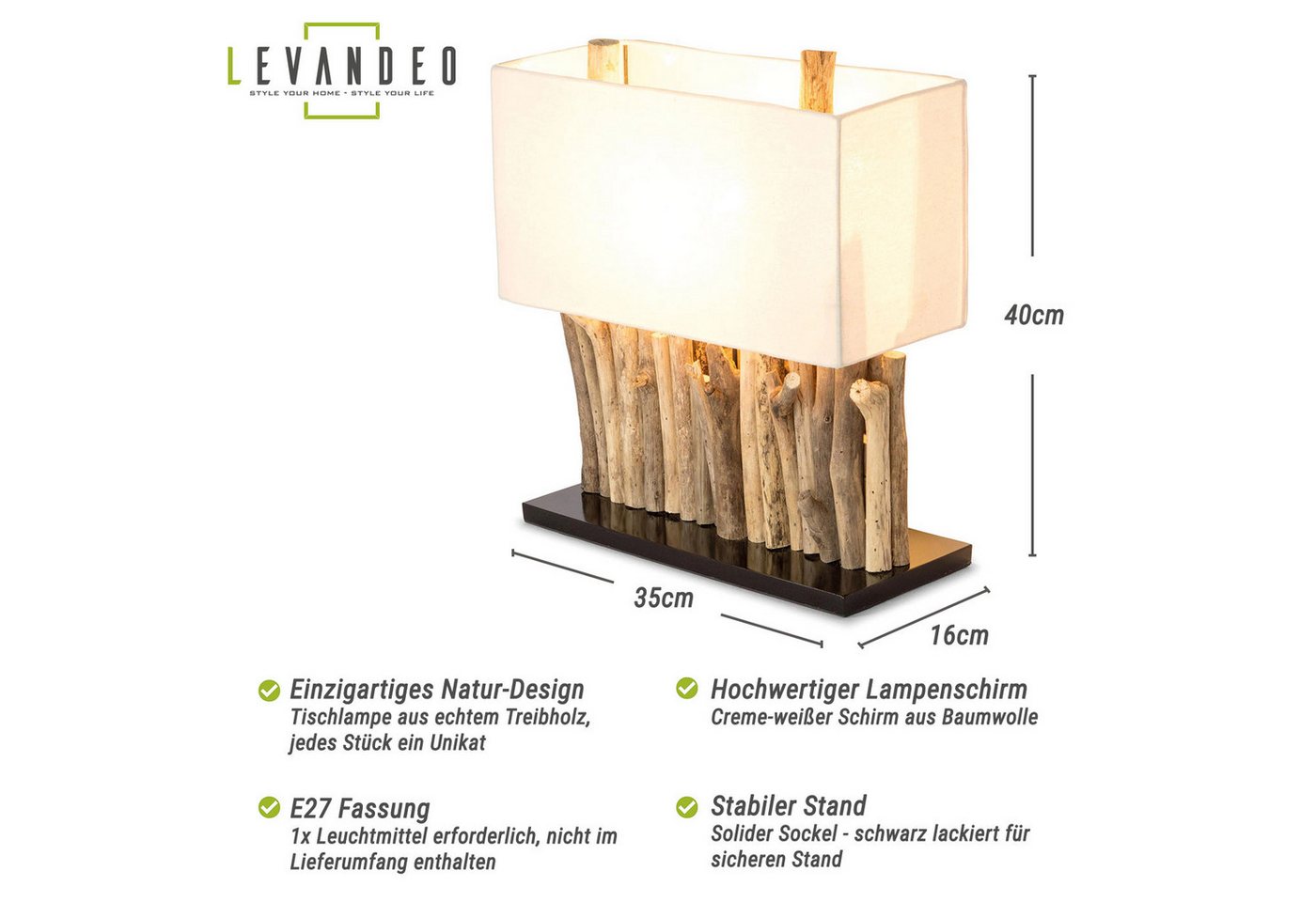 Levandeo® Nachttischlampe, levandeo Lampe 35 x 40 x 16 cm Tischlampe Treibholz Unikat Holzlampe – Bild 2 von 5