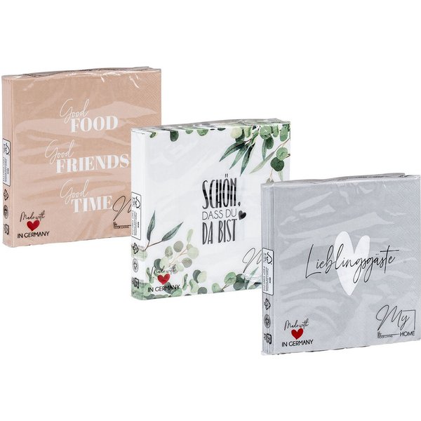 Levandeo® Papierserviette, 3er Set Servietten je 20 Stück Lieblingsgäste 33x33cm FSC 3-lagig