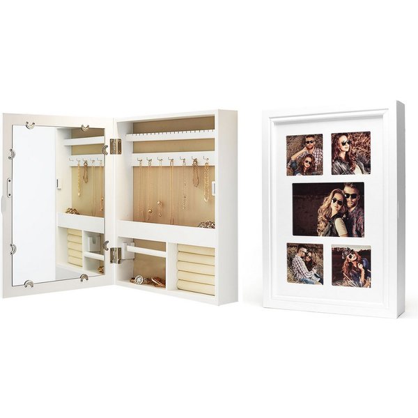 Levandeo® Schmuckkasten, Schmuckschrank Weiß Bilderrahmen 5 Fotos Spiegel MDF Holz