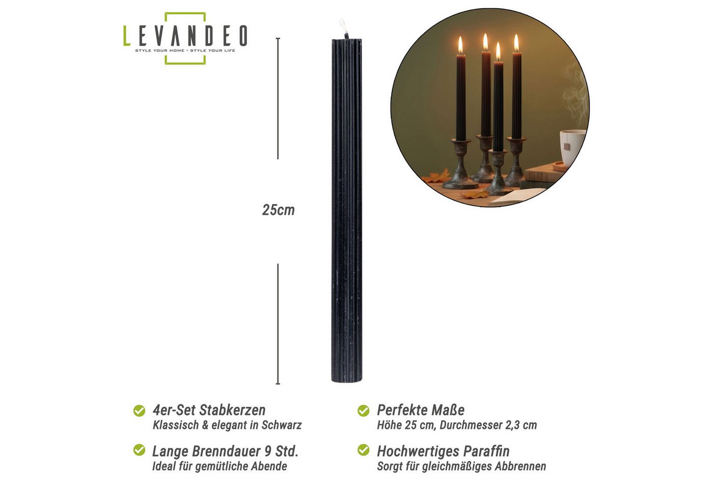 Levandeo® Tafelkerze, Kerzen 4er Set Stabkerzen Schwarz 25cm Tafelkerzen Rillen Design – Bild 2 von 5