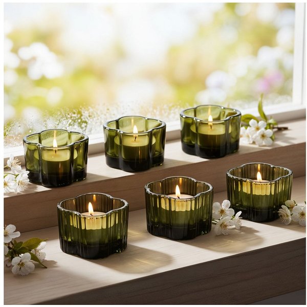 Levandeo® Teelichthalter, 6er Set Teelichthalter Blume Grün Kerzenhalter Frühling Kerzenglas