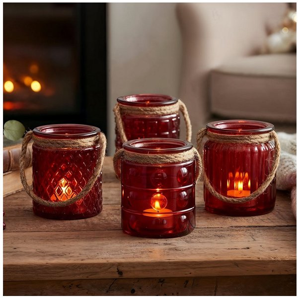 Levandeo® Teelichthalter, 4er Set Windlicht Glas Rot H10cm Bordeaux Teelichthalter Tischdeko