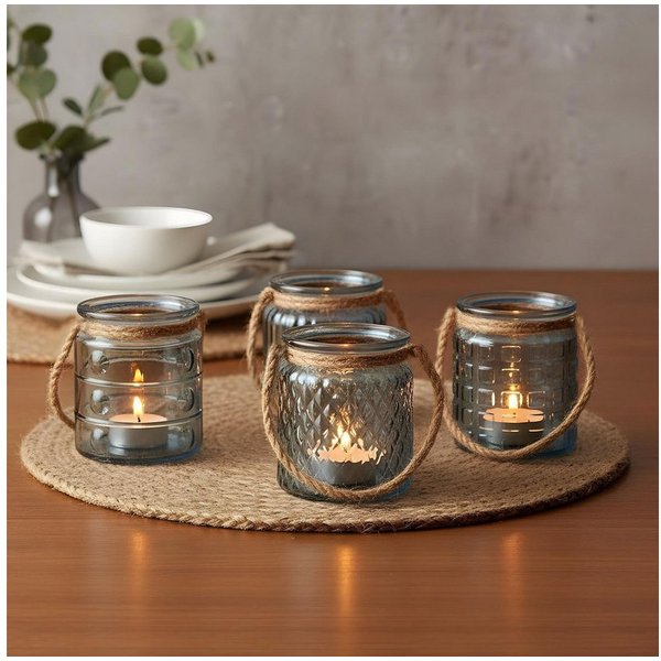 Levandeo® Teelichthalter, 4er Set Windlicht Glas Blau Grau H10cm Teelichthalter Tischdeko Kerzen