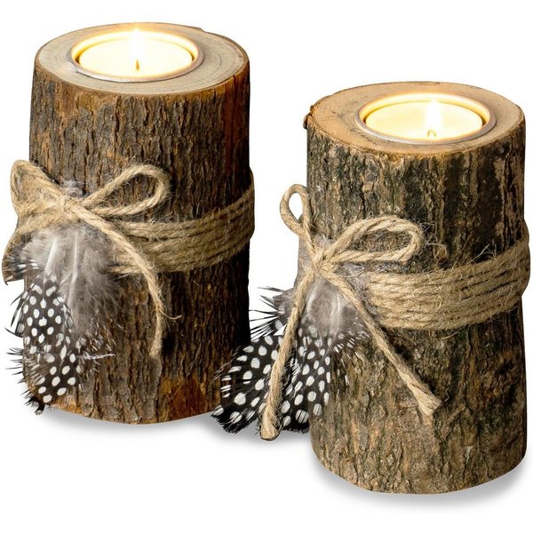 Levandeo® Teelichthalter, 2er Set Teelichthalter Holz je 8,5cm hoch Kerzenhalter Federn
