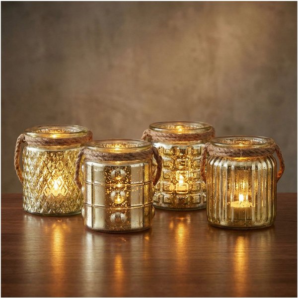 Levandeo® Teelichthalter, 4er Set Windlicht Glas Gold H10cm Gelb Teelichthalter Tischdeko Kerze