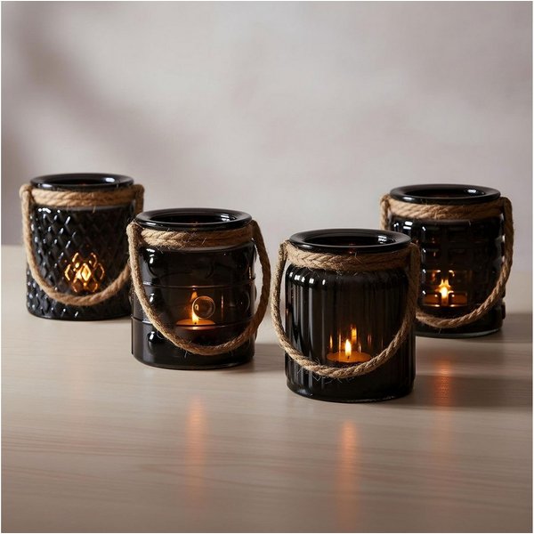 Levandeo® Teelichthalter, 4er Set Windlicht Glas Schwarz H10cm Teelichthalter Tischdeko Kerzen