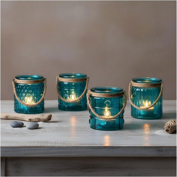 Levandeo® Teelichthalter, 4er Set Teelichthalter Glas Türkis H10cm Windlicht Tischdeko Maritim
