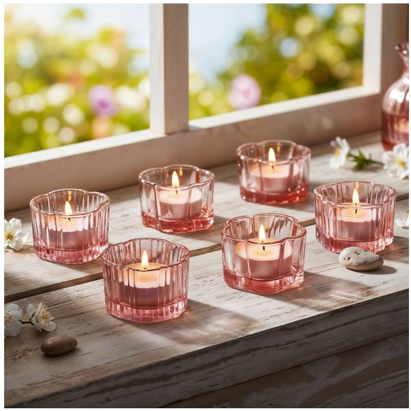 Levandeo® Teelichthalter, 6er Set Teelichthalter Blume Rosa Kerzenhalter Frühling Kerzenglas