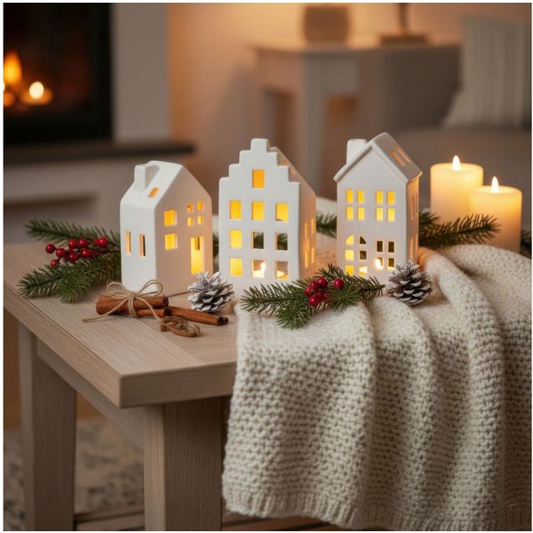 Levandeo® Teelichthalter, 3er Set Teelichthalter Weiß Haus Keramik Kerzenhalter Lichthaus