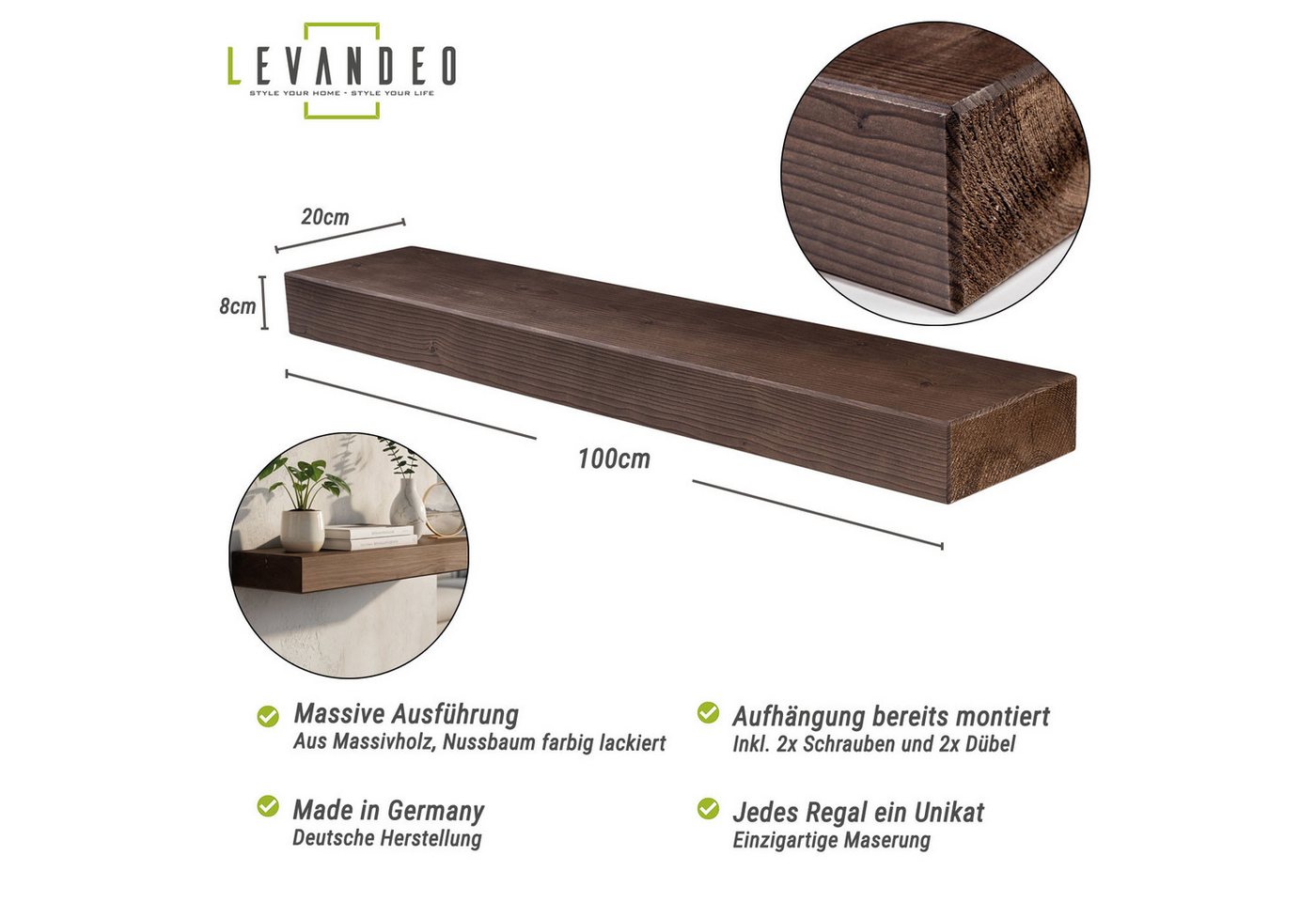 Levandeo® Wandregal, levandeo Wandregal Holz Massiv 100x20cm Nussbaum Farbig Wandboard – Bild 3 von 5