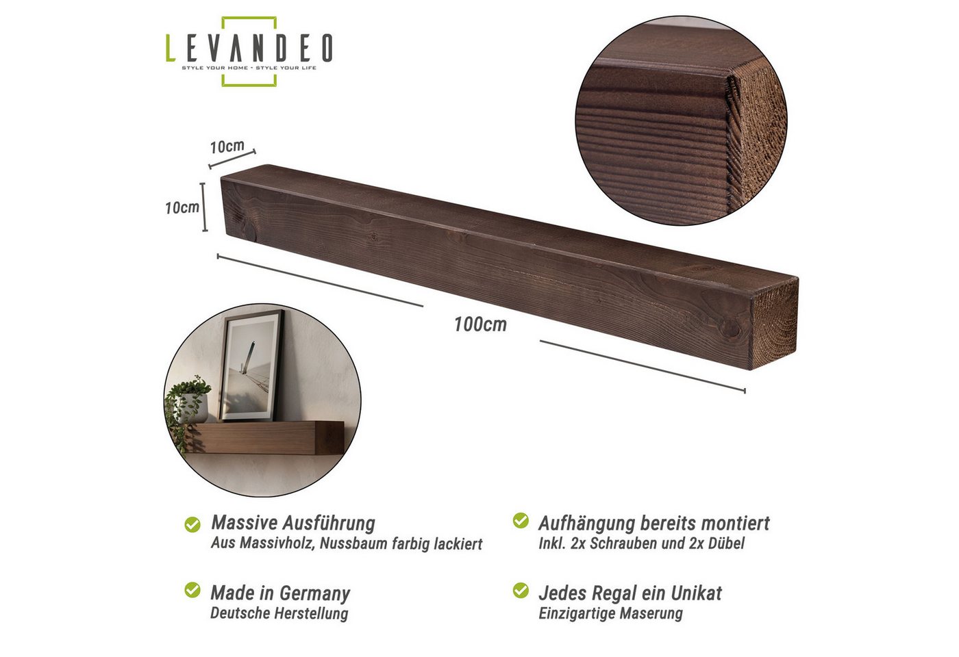Levandeo® Wandregal, levandeo Wandregal Holz Massiv 100x10cm Nussbaum Farbig Wandboard – Bild 2 von 5