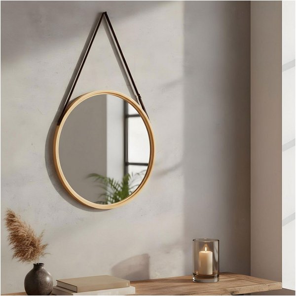 Levandeo® Wandspiegel, Wandspiegel 38cm Rund Bambus Holz Kunstleder Flurspiegel Wanddeko