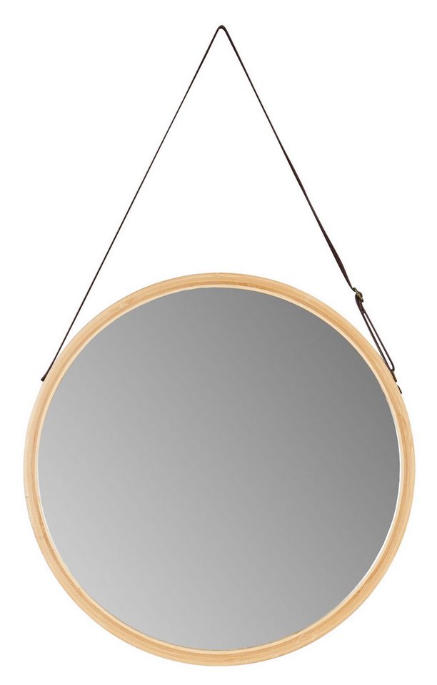 Levandeo® Wandspiegel, Wandspiegel 38cm Rund Bambus Holz Kunstleder Flurspiegel Wanddeko – Bild 2 von 5