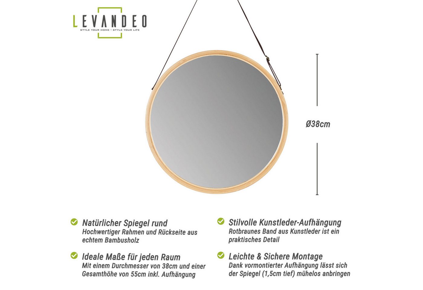 Levandeo® Wandspiegel, Wandspiegel 38cm Rund Bambus Holz Kunstleder Flurspiegel Wanddeko – Bild 3 von 5