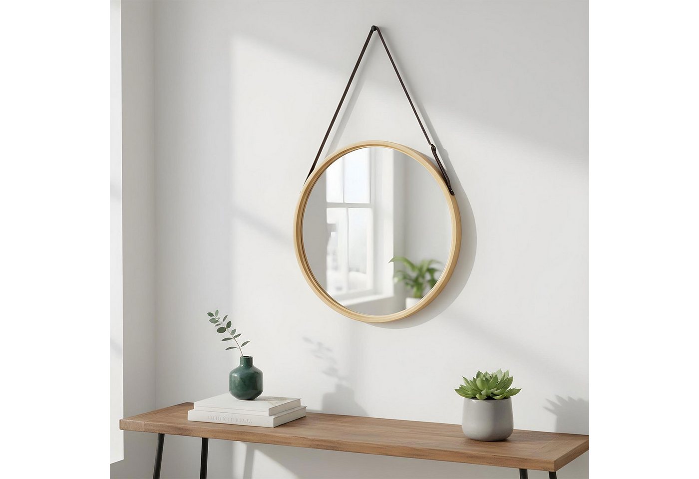 Levandeo® Wandspiegel, Wandspiegel 38cm Rund Bambus Holz Kunstleder Flurspiegel Wanddeko – Bild 4 von 5