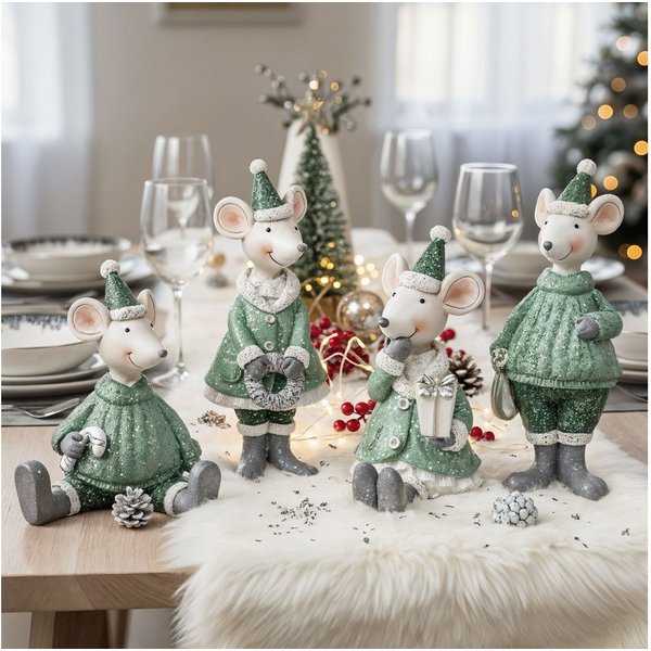 Levandeo® Weihnachtsfigur, 4er Set Mäuse Figuren Weihnachten Deko Kunstharz Grün Weiß