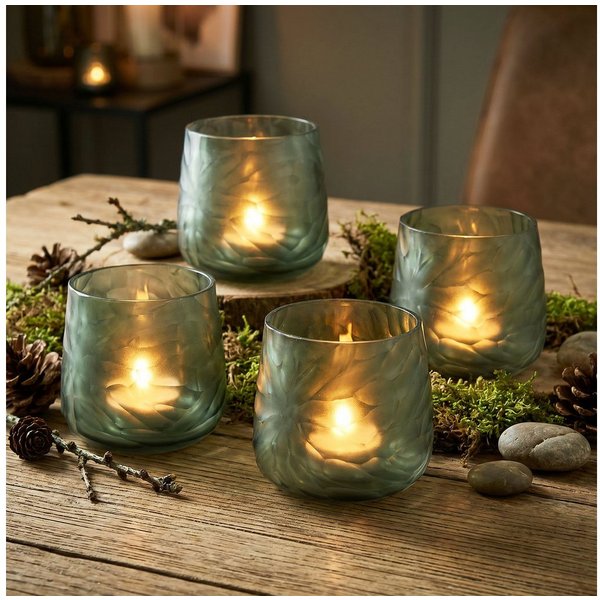 Levandeo® Windlicht 4er Set Glas Windlicht Grün Grau H10cm Teelichthalter Rauchgrau Tischd (4 St)