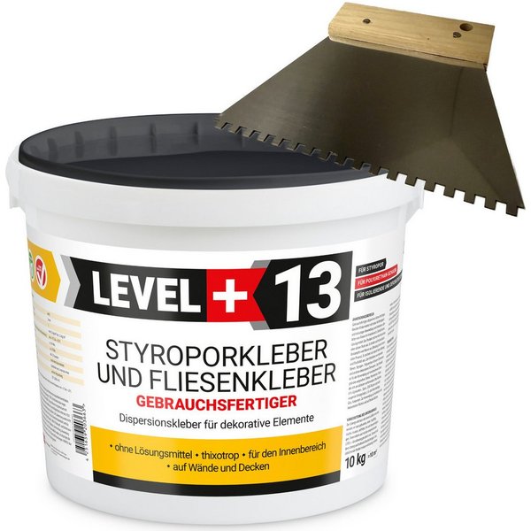 Level+ Montagekleber Styroporkleber 10KG Dispersionkleber Dekor L+13 + Zahnspachtel 4mm