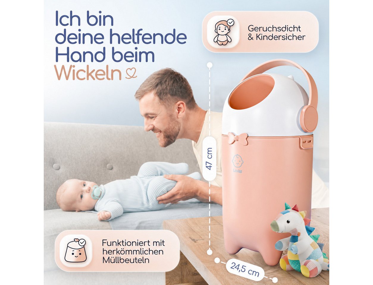 Levias Windeleimer Baby Mülleimer Windelmülleimer Geruchsdichter Wickeleimer, Geruchsdicht, ohne teure Nachfüllkassetten – Bild 2 von 5