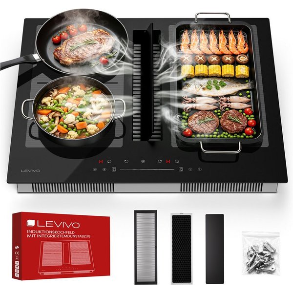 Levivo Induktions-Kochfeld Induktionskochfeld 60 cm mit 531 m³/h Dunstabzug, 9 Stufen & Booster, Touch-Control, Timer, Bridge Funktion, 7270 W