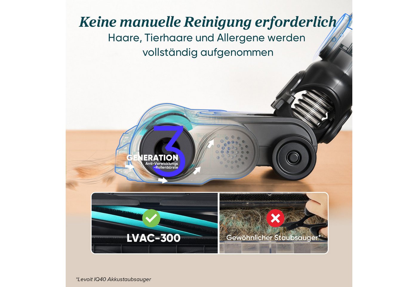 Levoit Akku-Bodenstaubsauger LVAC-300 Plus, 240 W, beutellos, 99,99% HEPA-Filtration, Anti-Tangle, LED-Display, bis zu 60 Minuten – Bild 5 von 5