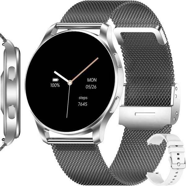 Levowatch FLAT Smartwatch Damen Herren, 8mm flach, KI Assistent, AMOLED AlwaysOn Smartwatch (4 cm/1,32 Zoll, Android und IOS) dünnes Metallgehäuse, frei belegba