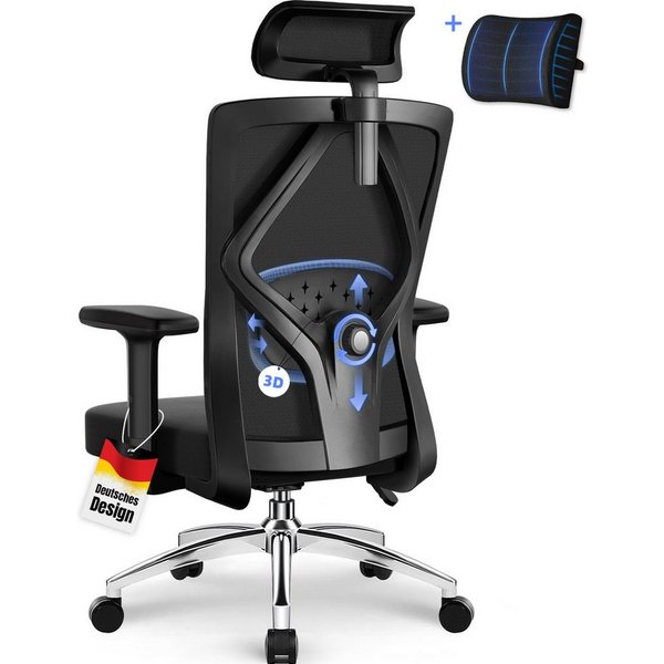 Lexzurn Bürostuhl Bürostuhl ergonomisch, Schreibtischstuhl 3D Memory-Schaum Lendenstütze (Wippfunktion bis 135°, Bis 200kg Belastar, Atmungsaktiv Mesh), Höhenve