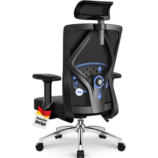 Lexzurn Bürostuhl Bürostuhl ergonomisch, Schreibtischstuhl 3D Memory-Schaum Lendenstütze (Wippfunktion bis 135°, Bis 200kg Belastar, Atmungsaktiv Mesh), Höhenve