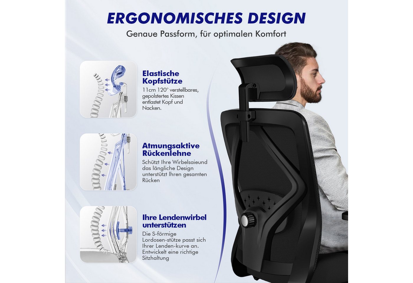 Lexzurn Bürostuhl Bürostuhl ergonomisch, Schreibtischstuhl 3D Memory-Schaum Lendenstütze (Wippfunktion bis 135°, Bis 200kg Belastar, Atmungsaktiv Mesh), Höhenve – Bild 2 von 5