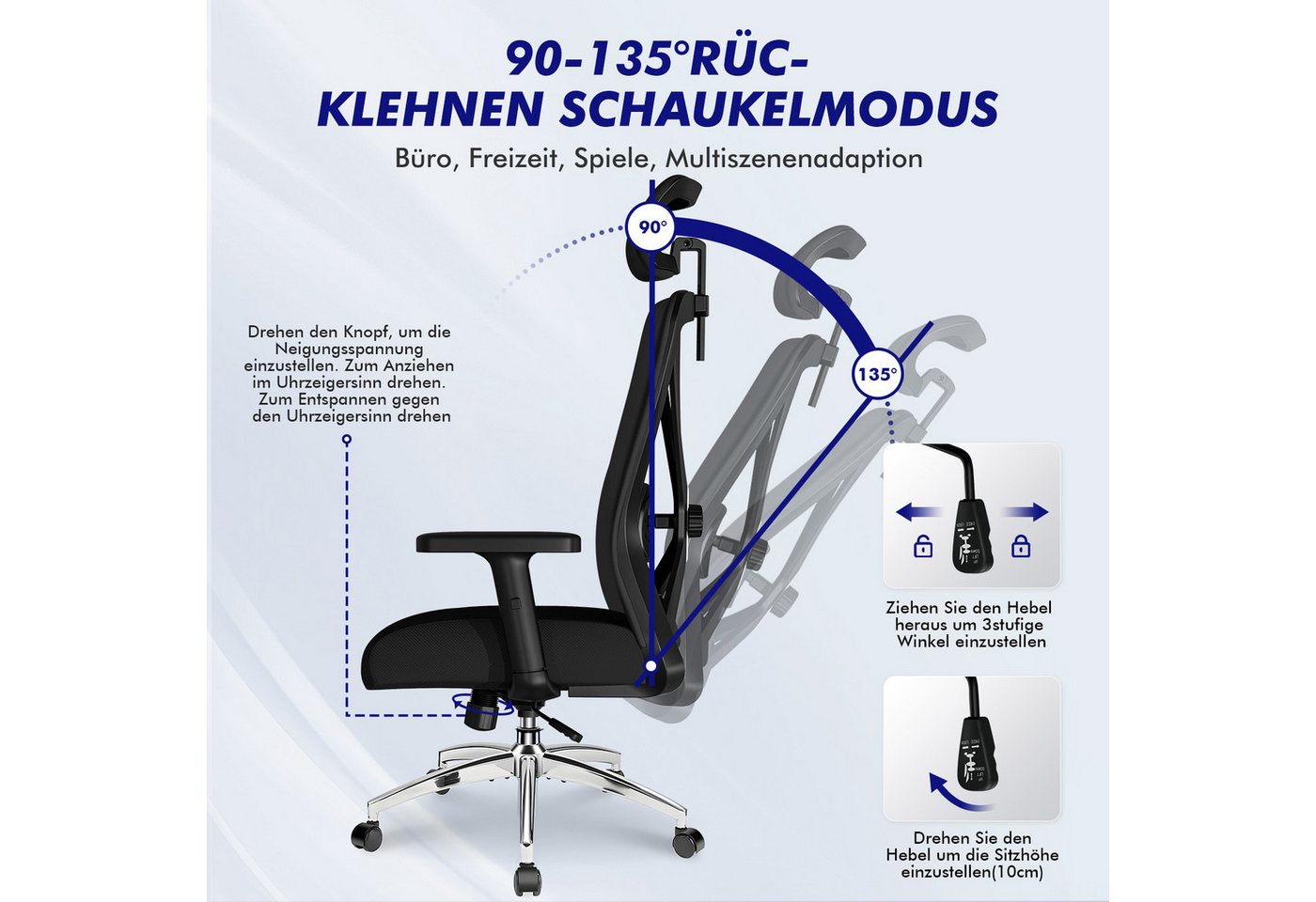 Lexzurn Bürostuhl Bürostuhl ergonomisch, Schreibtischstuhl 3D Memory-Schaum Lendenstütze (Wippfunktion bis 135°, Bis 200kg Belastar, Atmungsaktiv Mesh), Höhenve – Bild 3 von 5