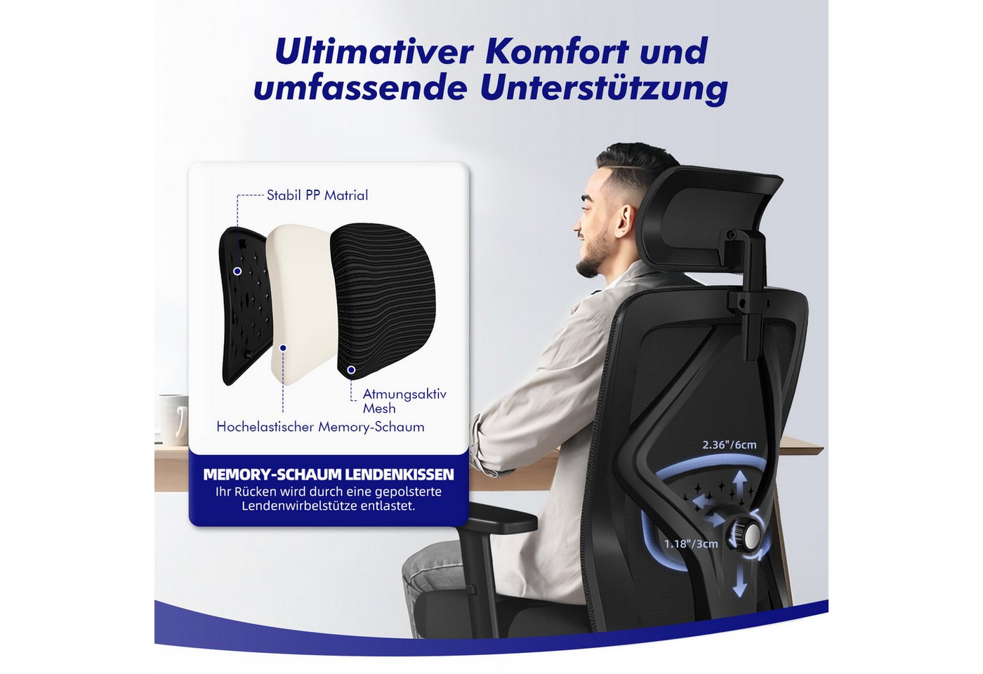 Lexzurn Bürostuhl Bürostuhl ergonomisch, Schreibtischstuhl 3D Memory-Schaum Lendenstütze (Wippfunktion bis 135°, Bis 200kg Belastar, Atmungsaktiv Mesh), Höhenve – Bild 4 von 5