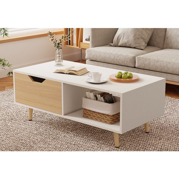Lexzurn Couchtisch Couchtisch, Kaffeetisch, Sofatisch mit Schubladen (106 x 58 x 39,5 cm), und offenen Ablagefächern, Wohnzimmertisch, Weiß+Naturholz