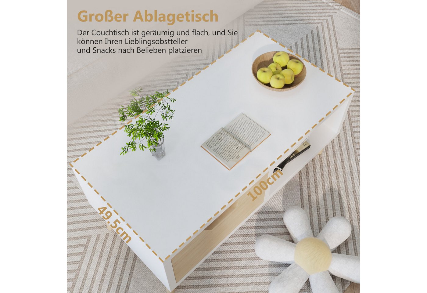 Lexzurn Couchtisch Couchtisch, Kaffeetisch, Sofatisch mit Schubladen (106 x 58 x 39,5 cm), und offenen Ablagefächern, Wohnzimmertisch, Weiß+Naturholz – Bild 3 von 5